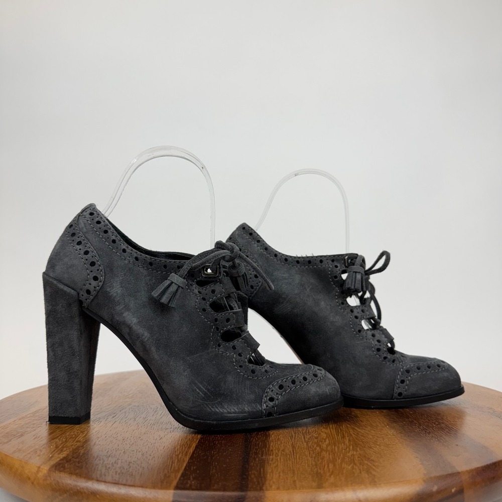 Womens Roger Vivier Gray Suede Fringe Heeled Ankle Boots Booties Size 37 US 7 M